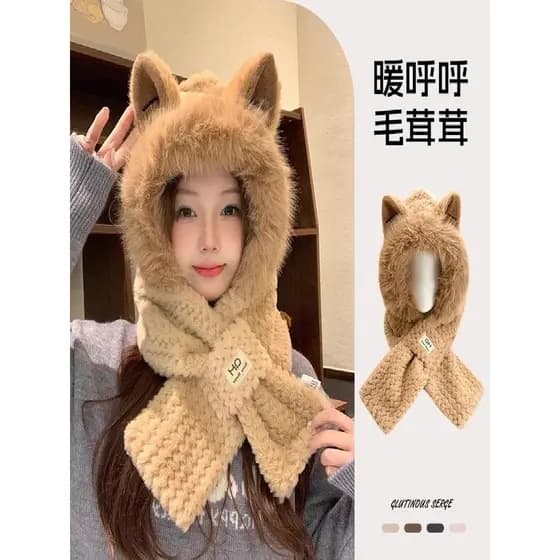 Katiechen Chapéu de orelha de raposa de pelúcia feminino inverno quente cachecol à prova de frio inverno proteção de ouv