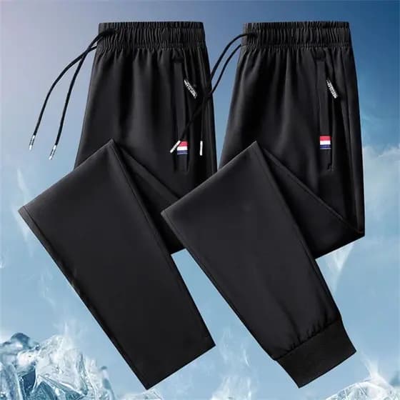 Verão fino calças de seda gelo calças esportivas masculinas calças de trabalho solto estiramento calças casuais calças d