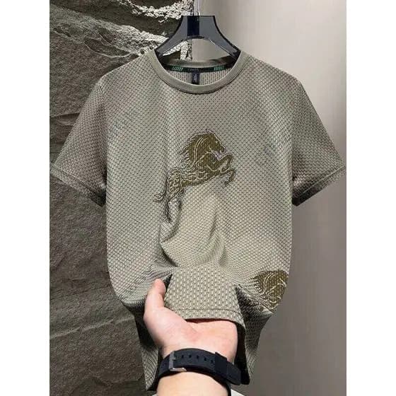 Camiseta masculina de seda gelo de manga curta na moda masculina em torno do pescoço camiseta masculina de secagem rápid