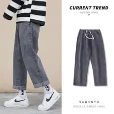 Verão novo estilo preto cinza cintura elástica Jeans masculino em linha reta solta perna larga All-Match na moda estudan