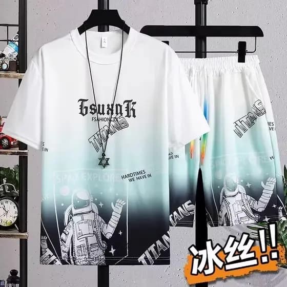 Terno esportivo Casual masculino verão 2025 novo estilo com bonito vestido de verão jovem seda gelo manga curta + Shorts