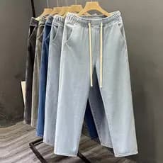Estilo americano cintura elástica Jeans masculino primavera verão solto em linha reta tornozelo-perna calças casuais Hig