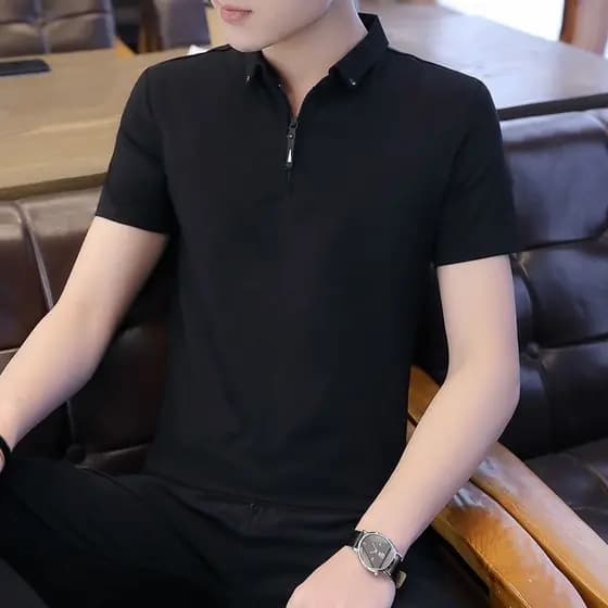 2023 verão novo estilo masculino lapela camisa POLO de manga curta camiseta roupas de algodão puro negócios gola com zíp