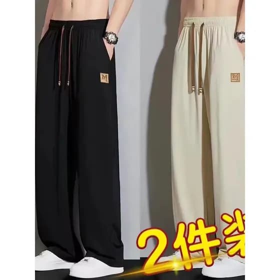 Verão estilo fino calças de seda gelo masculino 2026 novo estilo solto calças de perna larga na moda masculina alta elás