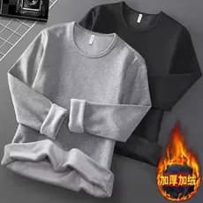 Camiseta masculina de manga curta com gola redonda, outono inverno, roupa íntima térmica escovada, espessada, cor sólida