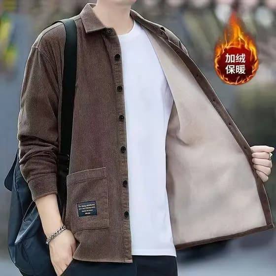Outono inverno camisa de veludo masculina quente mais veludo grosso Casual Workwear Multi-bolso fino ajuste longo @-