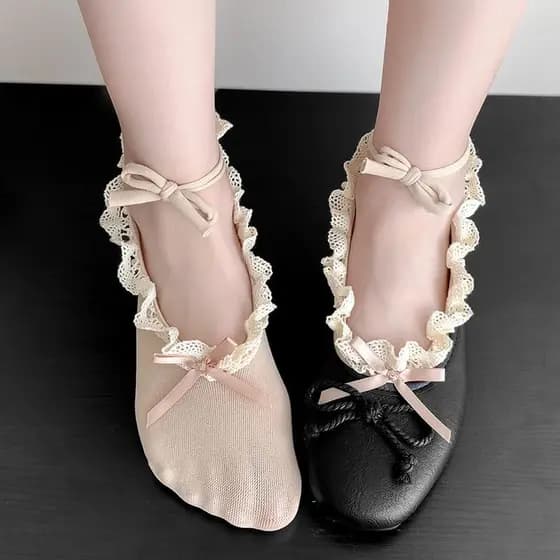 Arco atado meias de balé estilo meias de renda feminino invisível verão japonês menina meias com sapatos de couro meias