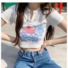 Plus Size roupas femininas gordura mm americano Retro quente menina curto camiseta Design abotoado pino com decote em V
