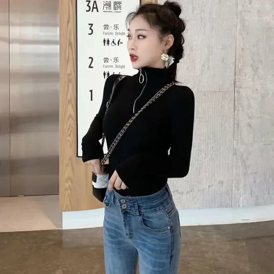 2026 novo estilo primavera manga comprida camiseta feminina anel zíper meia gola alta magro-ajuste topo All-Match manga