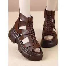 Plataforma de couro Real de sola grossa oco botas curtas sapatos romanos dedo do pé aberto sandálias de alta qualidade b