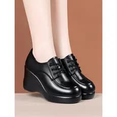 Moda cunha sapatos de salto feminino 2026 novo estilo plataforma de sola grossa dedo do pé redondo rendas mãe sapatos de