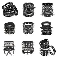 Pulseira de Couro Preta Estilo Punk, Conjunto de Pulseiras com Rebites Gótico Rock, Acessório Unissex Hip Hop
