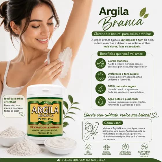 Argila branca com ação clareadora para o rosto e corpo 1kg