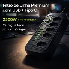 Filtro de linha Extensão com 5 tomadas + 4 usb TypeC  cabo Bivolt 110v/220v 2 metros Cor Preto