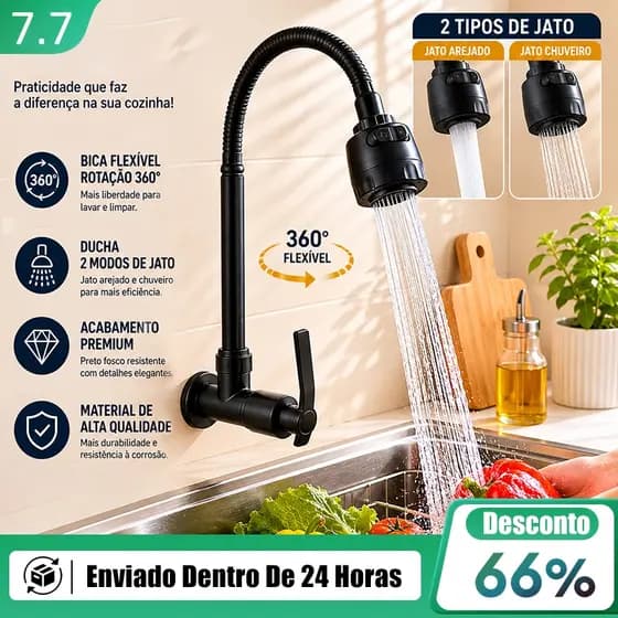Torneira De Cozinha Flexível Gourmet Inox Parede Mesa 360° com Ducha Chuveirinho