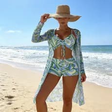Biquíni 3 Peças Estampado Feminino,com Franzido Cadarço Com Saida De Praia Kimono