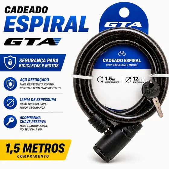 Cadeado Bike Moto 1,5mX12mm GTA Espiral Aço Reforçado Chave Reserva Segurança Alta Resiste Universal