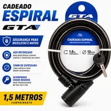 Cadeado Bike Moto 1,5mX12mm GTA Espiral Aço Reforçado Chave Reserva Segurança Alta Resiste Universal