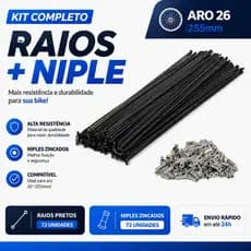 Raio Bike Aro 26 255mm 2.0 Preto Zincado Fino Kit 72 unidades com Niples Prata