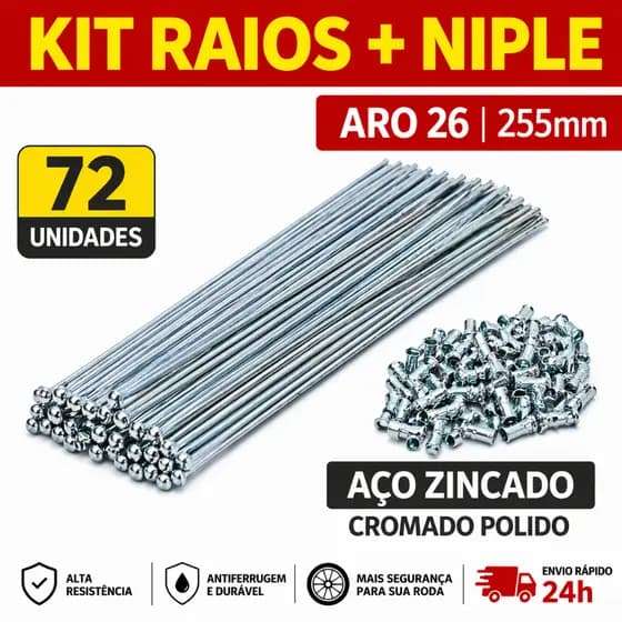 Raio Bike Aro 26 255mm 2.0 Fino Zincado Cromado Aço 72 unidades com Niples