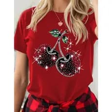 Camiseta Blusa Feminina Algodão Estampada Cereja Estilosa