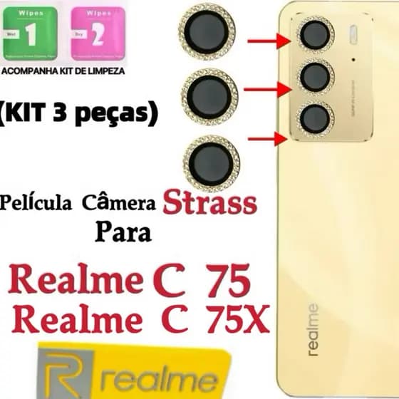 Kit (*3Pçs) Película Câmera  Diamante Para Realme C75/Realme C75X protetor lente Traseira Vidro Colorido