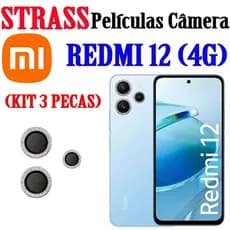 (KIT 3 PEÇAS) PELÍCULA CÂMERA DIAMANTE STRASS PARA  REDMI 12 (4G)/(5G)