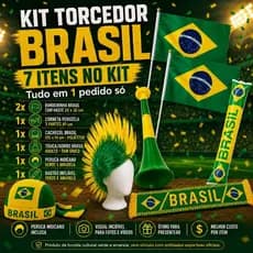 Kit Torcedor Brasil com 4 Versões (4/5/7/12 Itens), Bandeirinhas, Corneta, Cachecol e Peruca, Acessórios de Torcida