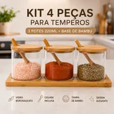 Porta Temperos Vidro Borossilicato 320ml Kit 3 Potes Com Colher e Suporte Bambu Açúcar Café