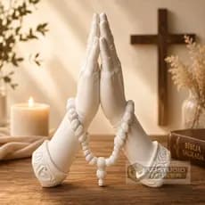 Escultura Mãos Rezando Decorativa Com Terço Cantinho Oração