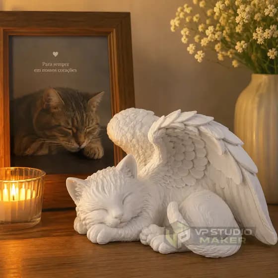 Escultura Gato Anjo Decorativo Lembrança Pet Saudade Homenagem