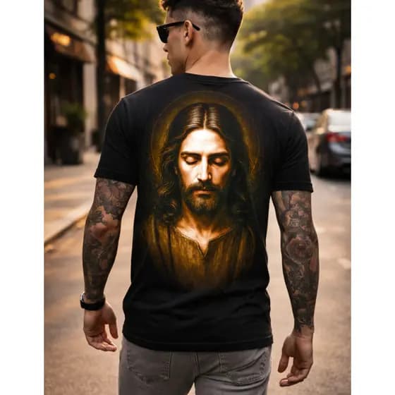 Camiseta Masculina Religiosa Jesus Cristo Frente e Costa Estampa Halftone Realista