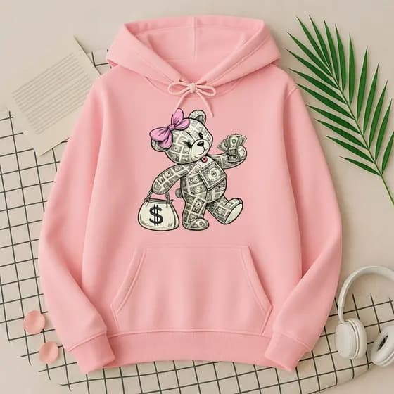 Moletom Canguru Feminino Blusa de Frio Rosa Estampada Urso Money Luxo Meninas Blusão Linha Premium Envio Rapido