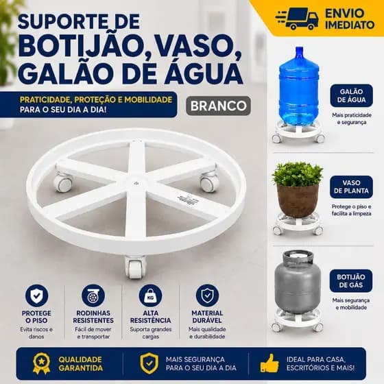 Suporte Apoio Botijão Gás Vaso Galão Água Base Rodinha Branco