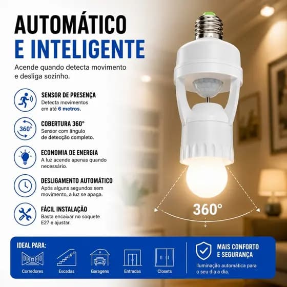 Sensor de Movimento para lâmpada Soquete E27 c/ sensor de presença Bivolt 110V~220V Max 60W