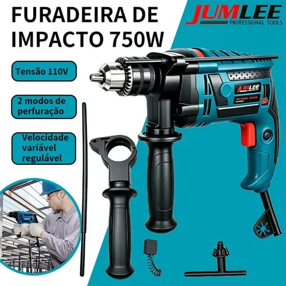 Furadeira de Impacto Elétrica 750W JUMLEE Velocidade Variável com Punho Auxiliar