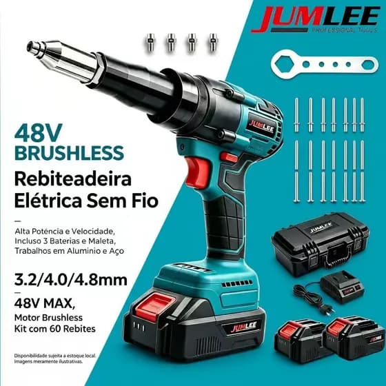 Rebitador Elétrico Sem Fio Motor Brushless 48V Profissional com 2 Baterias e Maleta JUMLEE
