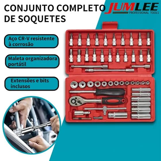 Jogo De Ferramentas 46 Peças Maleta Com Chave Catraca E Soquetes 1/4 Profissional Aço Cr-V Para Carro Moto Bicicleta