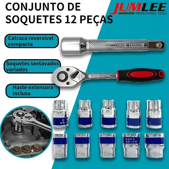 Kit 12 Peças Jogo De Soquete Chave Catraca 1/2" Automotivo Profissional