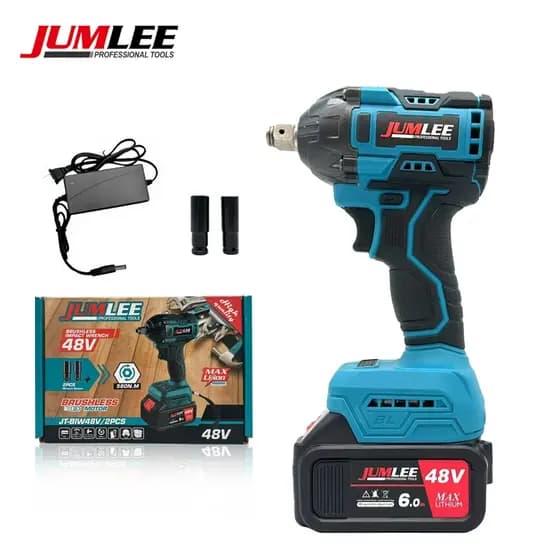 Chave de Impacto Brushless 48V JUMLEE 580N.m Sem Fio Com  Baterias 6.0Ah Kit Profissional Troca de Pneu Oficina