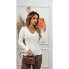 blusa de frio feminina estilosa tricot manga longa decot v tricô