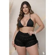 Short de Praia Plus Size Saida Rendado Shortinho Ajuste Na Cintura Tricot Verão