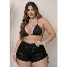 Short Feminino Tricô Crochê Vazado Plus Size Saída de Praia Rendado Verão Piscina