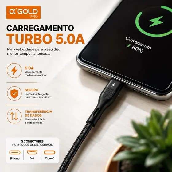 Cabo Turbo 5.0A iPhone Tipo C V8 Carregamento Rápido Cabo USB Reforçado Trançado Dados e Carga 1 Metro