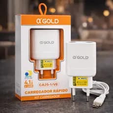 Carregador Turbo 4.1A 2 USB A’Gold Com Cabo Tipo C V8 Lightning iPhone Carga Rápida