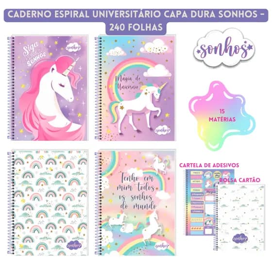 Caderno Universitário Espiral 15 Matérias 240 Folhas Capa Dura Adesi+Bolsa Cartão Sonhos 3B Cadernos