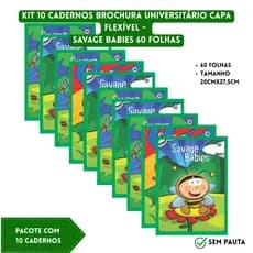 Kit 10 Cadernos Brochura Universitário SEM PAUTA 60 Folhas Capa Flexível Savage Babies 3B Cadernos