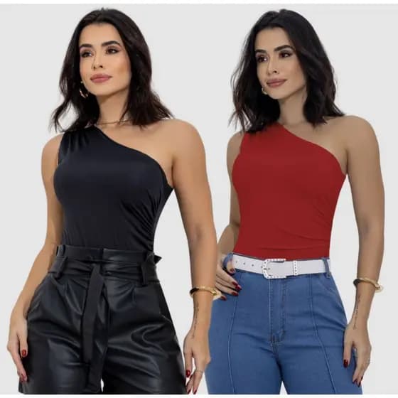 Kit 2 Body Feminino Um Ombro Só Plissado Elegante Liso Versátil Tecido Suplex Premium