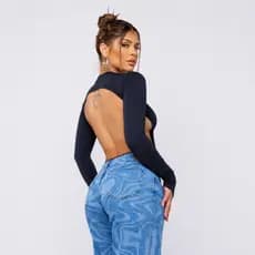 Body Milão Manga Longa Feminino Aberto Nas Costas Com Recorte Dedal Suplex Premium Preto Moda Gringa
