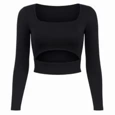 Cropped Manga Longa Poliamida Feminino Decote Quadrado Com Recortes Na Barriga Estilo Gringa